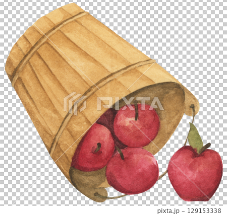 Fresh Apples in Vintage Wooden Bucket. Red Fruits, Wooden Barrel, Autumn Harvest Decor. Organic Farm and Garden. Watercolor Autumn Farmhouse Food Illustration for Thanksgiving. Fresh Apples in Vintage Wooden Bucket. Red Fruits, Wooden Barrel, Autumn Harvest Decor. Organic Farm and Garden. Watercolor Autumn Farmhouse Food Illustration for Thanksgiving. 129153338