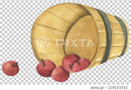 Fresh Apples in Vintage Wooden Bucket. Red Fruits, Wooden Barrel, Autumn Harvest Decor. Organic Farm and Garden. Watercolor Autumn Farmhouse Food Illustration for Thanksgiving. 129153352