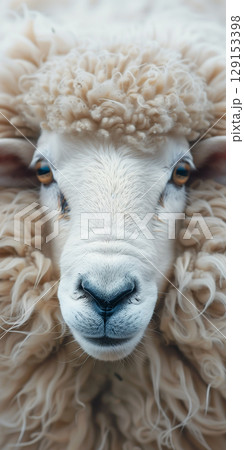 Portrait fluffy woolly white badge sheep close-up. Vertical banner 129153398