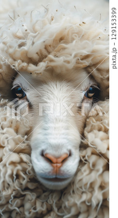 Portrait fluffy woolly white badge sheep close-up. Vertical banner Portrait fluffy woolly white badge sheep close-up. Vertical banner 129153399