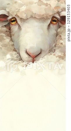 Portrait fluffy woolly white badge sheep close-up eyes. Vertical banner copy space 129153403