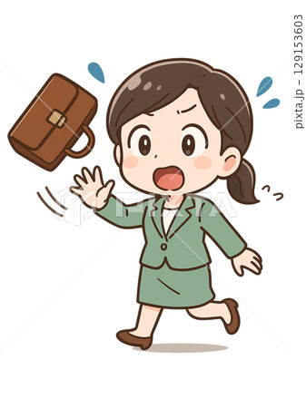 驚いて思わずバッグを放り投げて慌てているスーツ姿のビジネスウーマン 129153603