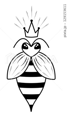 Cute bee queen with a crown, honeybee mother black and white vector illustration Cute bee queen with a crown, honeybee mother black and white vector illustration 129153611