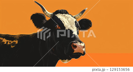 Illustration banner copy space black white cow bull on orange yellow background. 129153656