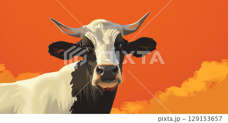 Illustration banner copy space black white cow bull on orange yellow background. 129153657