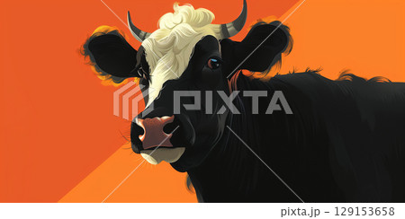 Illustration banner copy space black white cow bull on orange yellow background. 129153658
