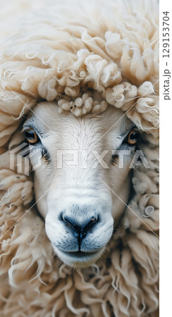 Portrait fluffy woolly white badge sheep close-up. Vertical banner 129153704