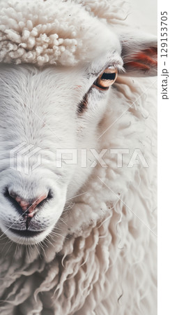 half-face portrait fluffy woolly white badge sheep eye close-up. Vertical banner 129153705