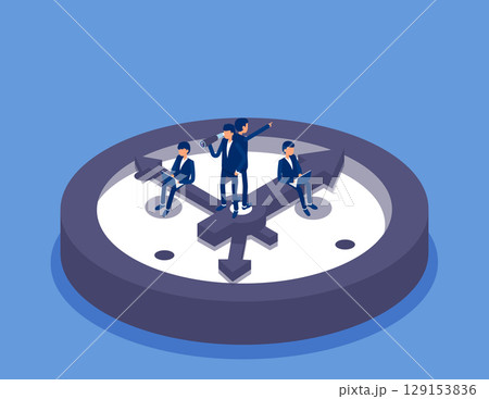 Time,Businessman sitting on minute hand and second hand working. Flat isometric vector concept 129153836