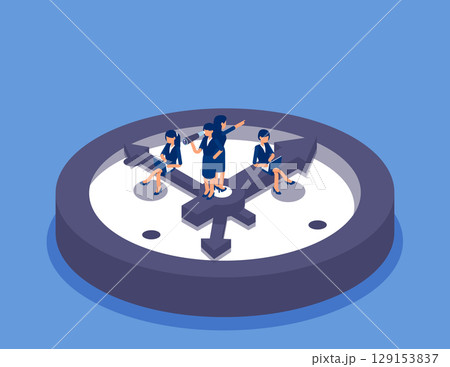 Time,Businesswoman sitting on minute hand and second hand working. Flat isometric vector concept Time,Businesswoman sitting on minute hand and second hand working. Flat isometric vector concept 129153837