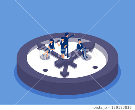 Time,Business team sitting on minute hand and second hand working. Flat isometric vector concept Time,Business team sitting on minute hand and second hand working. Flat isometric vector concept 129153839