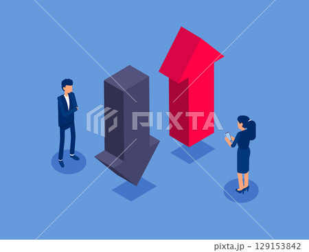 Business team with the upward and downward arrows. Flat isometric vector concept Business team with the upward and downward arrows. Flat isometric vector concept 129153842