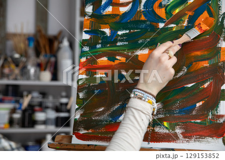 A Vibrant and Colorful Abstract Painting on Display in a Creative Studio Workspace Environment 129153852