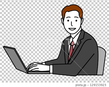 一名男子未戴眼鏡,身穿灰色西裝,面向前方操作電腦(側邊) 一名男子未戴眼鏡,身穿灰色西裝,面向前方操作電腦(側邊) 129153923