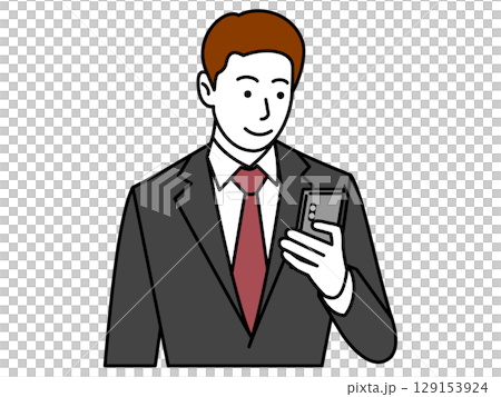 一名不戴眼鏡、身穿灰色西裝的男子正在看他的智慧型手機 129153924