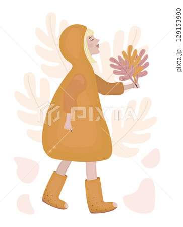 Happy woman blonde with bob hairstyle is on an autumn walk, girl in a raincoat with a hood, lady with a bouquet of autumn leaves, atmospheric fall color vector illustration in boho style 129153990
