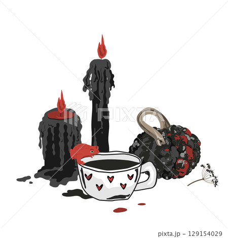 Halloween Dark Aesthetic Composition with a black warty pumpkin, red Frog, mug with a drink, and spooky black melting candles. Vector Autumn illustration. 129154029