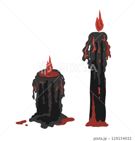 Set of spooky red and black lighting and melting candle. Halloween design element vector isolated illustration. 129154032