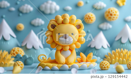 Imagination and fantasy of cute lion shaped for clay or resin cartoon and dessert for kids. Homemade festive delight bakery sweet cake and donuts on birthday party Imagination and fantasy of cute lion shaped for clay or resin cartoon and dessert for kids. Homemade festive delight bakery sweet cake and donuts on birthday party 129154442