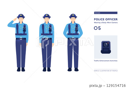警察のDX化 証拠映像を記録するボディカメラを装着した女性警察官のベクターイラストセット 警察のDX化 証拠映像を記録するボディカメラを装着した女性警察官のベクターイラストセット 129154716