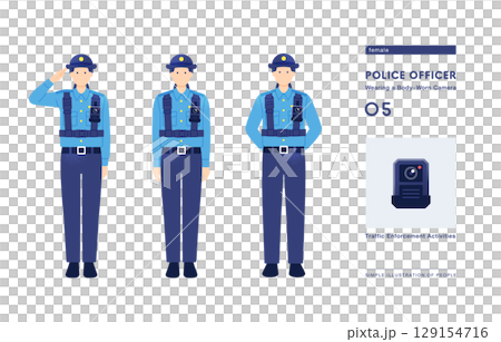 警察のDX化 証拠映像を記録するボディカメラを装着した女性警察官のベクターイラストセット 警察のDX化 証拠映像を記録するボディカメラを装着した女性警察官のベクターイラストセット 129154716