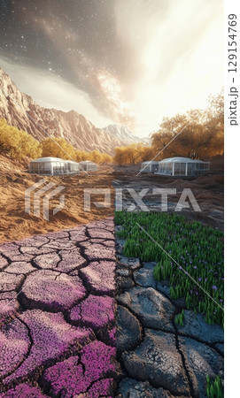 The stark contrast between desolation and abundant life in a stunning futuristic landscape 129154769