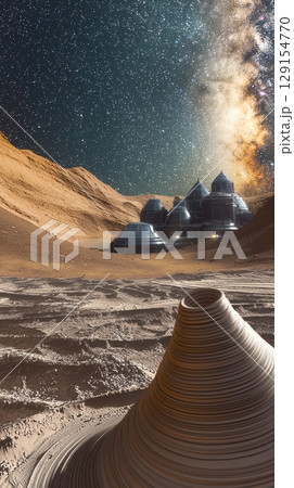 A futuristic space colony on an intriguing alien planet beneath the stunning Milky Way 129154770