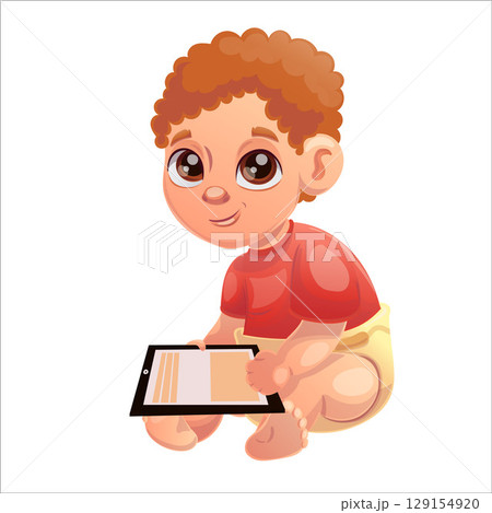 Vector illustration of a child of the Beta generation with a tablet, laptop Vector illustration of a child of the Beta generation with a tablet, laptop 129154920