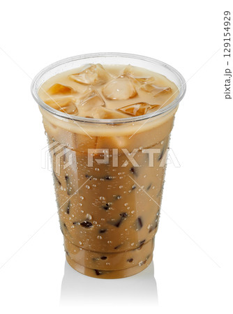 Iced coffee with milk in fogged disposable plastic cup isolated on white background Iced coffee with milk in fogged disposable plastic cup isolated on white background 129154929