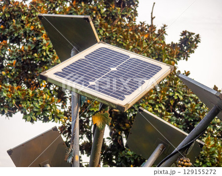 Solar panels in the shape of a tree. Modern technologies. Solar panels in the park. Lumps on iron. Not a real tree. 129155272