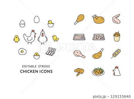 にわとりとヒヨコと鶏肉のアイコンセット 129155640