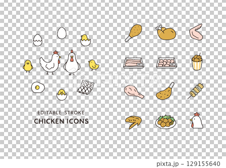 にわとりとヒヨコと鶏肉のアイコンセット 129155640