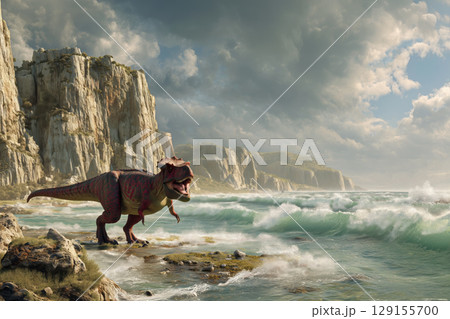 Tyrannosaurus Rex hunts near the coastline of an ancient Cretaceous sea 129155700