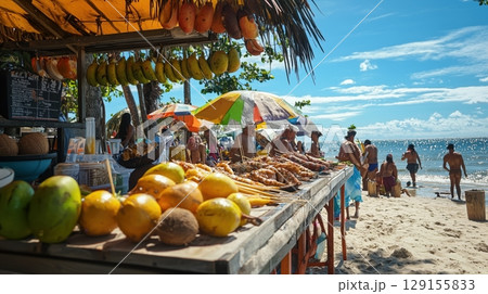トロピカルなビーチの屋台と賑わう観光風景 トロピカルなビーチの屋台と賑わう観光風景 129155833