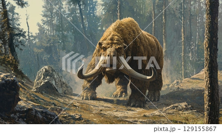 古代の森を歩く剣歯獣風の絶滅動物クリーチャー 129155867