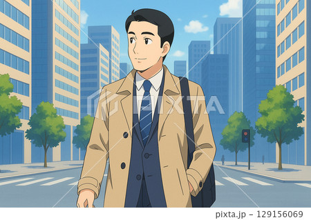 秋の朝　トレンチコートで出勤 129156069