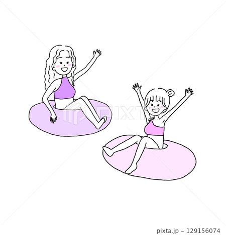 浮き輪で遊ぶ女の子2人組2人組のイラスト 129156074