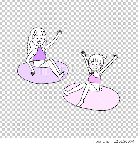 兩個女孩玩游泳圈的插圖 兩個女孩玩游泳圈的插圖 129156074