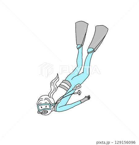 スキューバダイビングする女性のイラスト 129156096