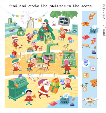 Elf and Santa Claus getting ready for Christmas. Find objects. Puzzle game for kids. Children illustration. Cartoon character. New Year Eve and winter holidays.  129156128