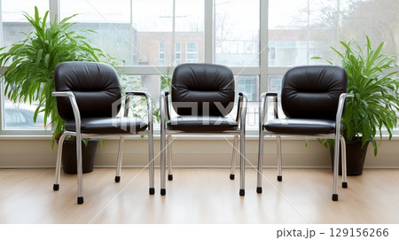 Black chairs arranged neatly near large windows with plants in a waiting area 129156266
