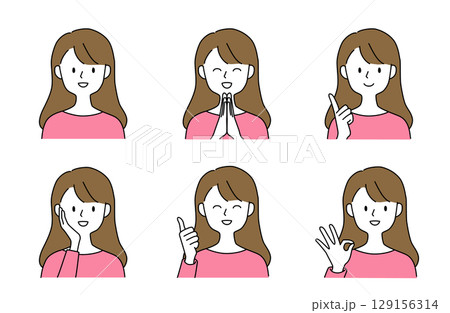 さまざまなジェスチャーでポジティブな感情を表現する女性のセットイラスト 129156314
