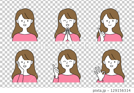 さまざまなジェスチャーでポジティブな感情を表現する女性のセットイラスト 129156314