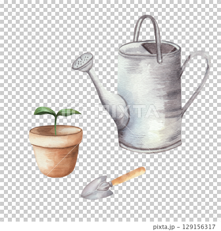 Watercolor illustration of a gardening set with a metal watering can, a small green sprout in a clay pot, and a garden trowel. Perfect for garden design, botanical themes, and nature projects Watercolor illustration of a gardening set with a metal watering can, a small green sprout in a clay pot, and a garden trowel. Perfect for garden design, botanical themes, and nature projects 129156317