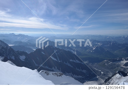 Tranquil Lake With Lush Green Forest, Snow-Capped Mountain, Blue Sky And White Clouds Tranquil Lake With Lush Green Forest, Snow-Capped Mountain, Blue Sky And White Clouds 129156478