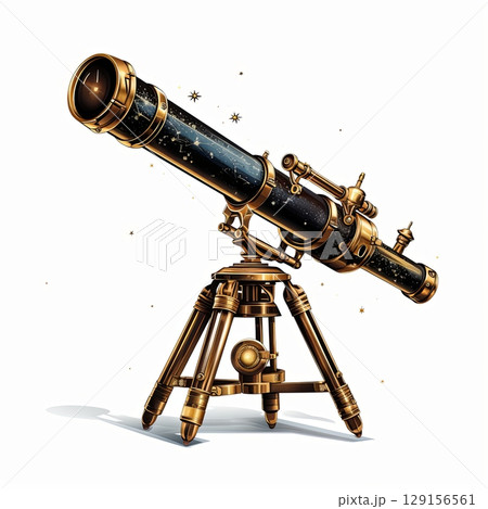 Vintage Telescope on Tripod for Astronomy Enthusiasts and Space Exploration, Isolated 129156561