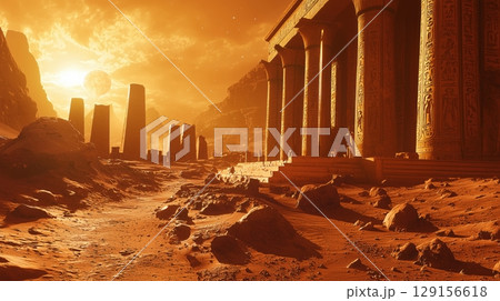 火星に蘇る古代神殿と赤い砂の遺跡風景 129156618