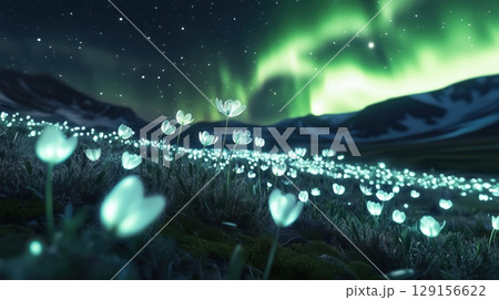 オーロラに照らされる幻想の光る花畑 129156622