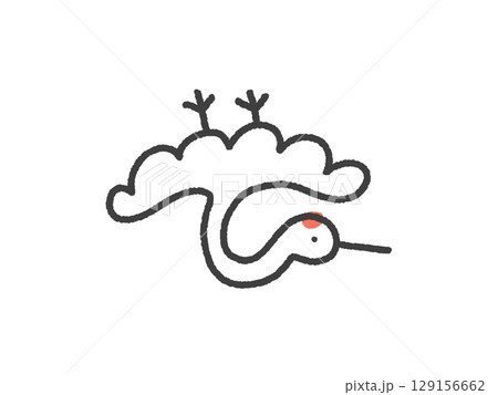 手描きのゆるくてかわいい飛ぶ丹頂鶴の線画イラスト　2026年　正月素材 129156662