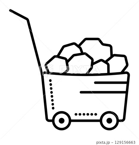 Cargo trolley with construction load, black line vector icon of cart 129156663